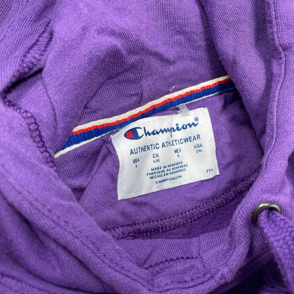 Champion L Purple Hoodie Teal Logo Raglan Pullover Sportswear Streetwear Retro‎ - Picture 5 of 8